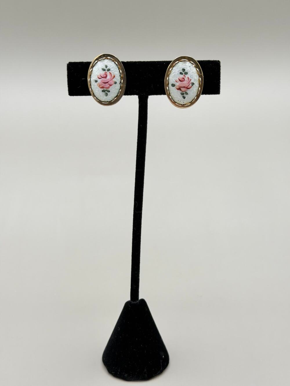 Vintage Coro Guilloche Enamel Hand painted Rose Screwback Earrings